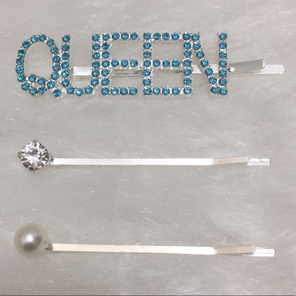 🌹3pc 3/$15 Turquoise Blue Rhinestone QUEEN Bobby Pins